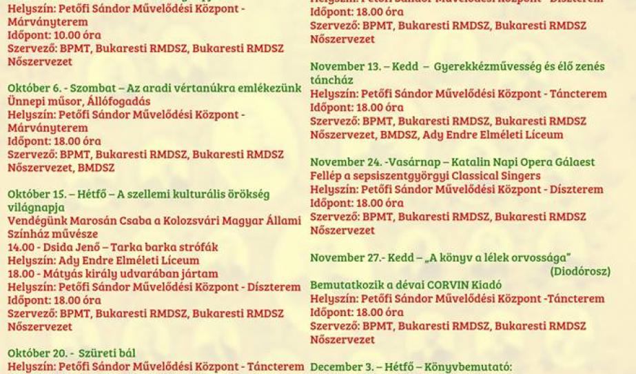 A Bukaresti Petőfi Művelődési Társaság Programfüzete 2018 szeptember-december