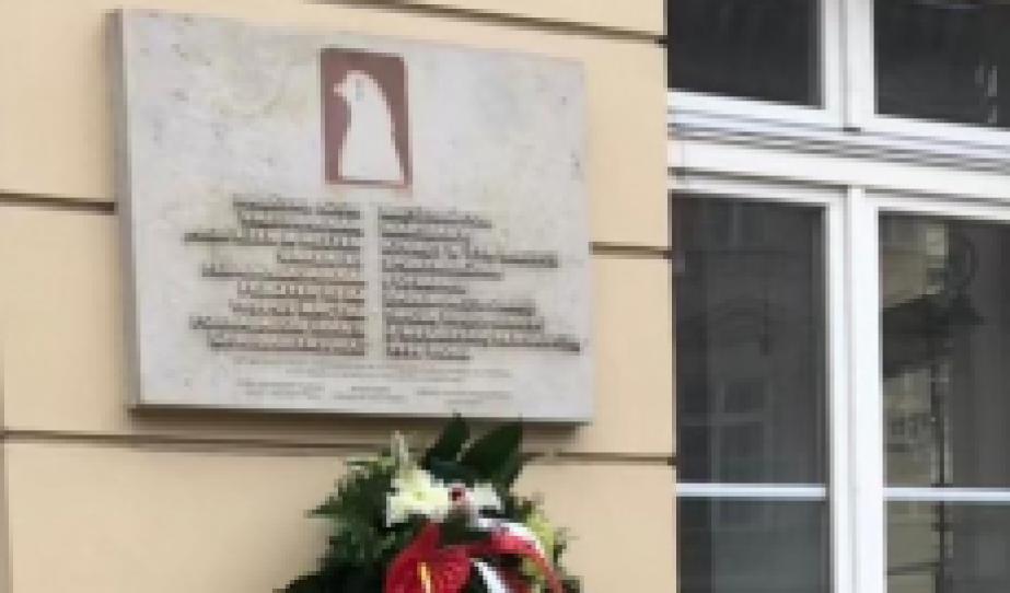Koszorúzás a Könnyező békegalamb emlékműnél 1956